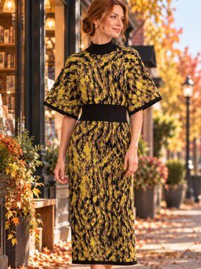 Kate Spade New York Hazelnut Print Mockneck Midi Sweater Dress XS Black & Yellow